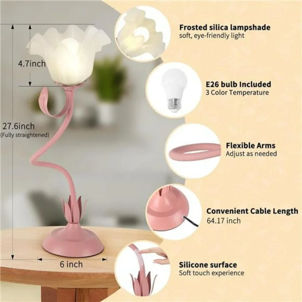 Pink Flower Desk Lamp LED Vintage Bedside Table Light for Bedroom Reading